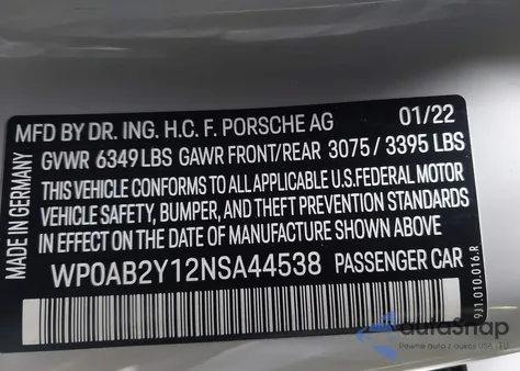 2022 Porsche Taycan 4S z USA, uszkodzony, nr VIN WP0AB2Y12NSA44538